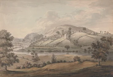 Hügelige Landschaft mit Dorf und Fluss