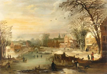 Winterdorf-Landschaft an einem zugefrorenen Fluss