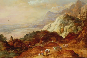 Gebirgslandschaft mit Figuren und Maultieren