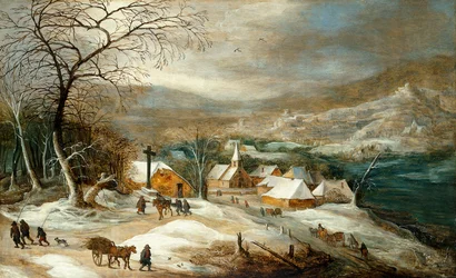 Winterlandschaft mit Figuren auf einer Straße bei einem Dorf