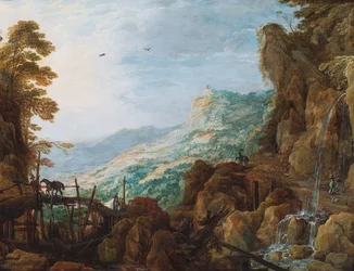 Eine felsige Berglandschaft mit einem Reiter auf einer Brücke und einem Wasserfall