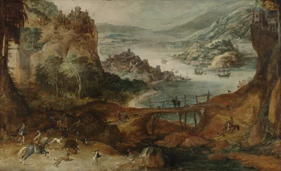 Flusslandschaft mit Wildschweinjagd