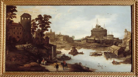 Ansicht des Tibers und der Engelsburg in Rom. Ein Haus auf Stelzen rechts. Gemälde von Josse Momper II (1564-1635), 17. Jahrhundert. Châlons-sur-Marne, Stadtmuseum
