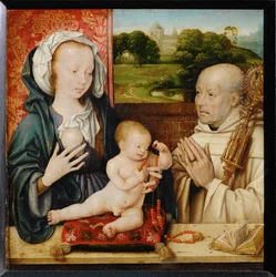 Jungfrau und Kind mit dem heiligen Bernhard von Clairvaux. Im Hintergrund die Abtei von Cluny