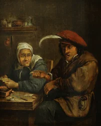 Innenraum mit einer alten Frau und einem Mann beim Aderlass (Allegorie des Tastsinns)