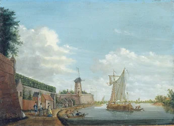 Eine Flusslandschaft mit eleganten Stadtbewohnern, die an einer Stadtmauer spazieren gehen, ca. 1776