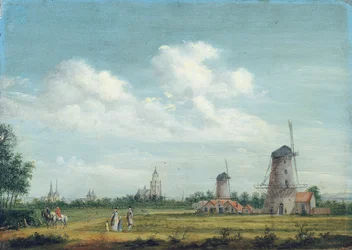 Ein Blick auf Arnhem mit der St. Walburgskerk links und der Grote Kerk rechts, elegante Stadtbewohner spazieren in der Nähe, 1776