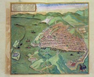 Karte von Marseille, aus „Civitates Orbis Terrarum“ von Georg Braun (1541-1622) und Frans Hogenberg (1535-90), um 1572