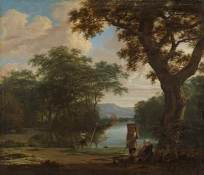 Landschaft mit Fischer mit einem quadratischen Netz