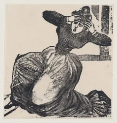Eine keuchende Frau auf dem Boden mit erhobenen Händen zum Kopf, aus einem Flugblatt betitelt..., 1893