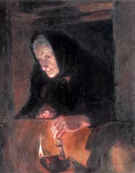 Alte Dame mit der Öllampe. Gemälde von Jose Benlliure Ortiz (1884-1916)