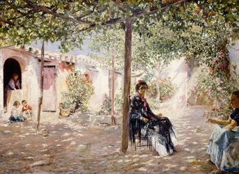 Damen in einem sonnenbeschienenen Innenhof