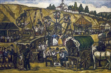 GUTIERREZ SOLANA, Jose (1886-1945). Fest auf der Wiese von San Isidro in Madrid. 1933. Öl auf Leinwand. Private Sammlung