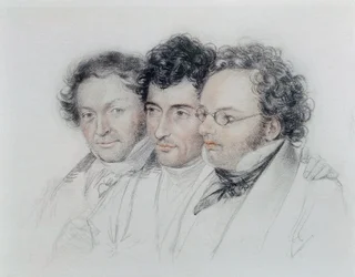 Von links nach rechts, Freunde der Komponisten Johann Baptist Jenger (1793-1856), Anselm Huttenbrenner (1794-1868) und Franz Schubert (1797-1828), Pastell