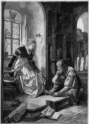 Eva in der Werkstatt von Hans Sachs (Akt III der Oper „Die Meistersinger von Nürnberg“ von Richard Wagner, geschrieben 1868) basierend auf dem Gemälde von Joseph Flüggen. Gravur in „Die illustrierte Welt“