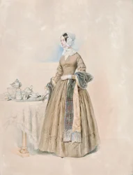 Bildnis der Fürstin Leopoldine Karoline Palffy, geb. Gräfin Kaunitz-Rietberg (Gemahlin des dritten Fürsten Anton Karl Palffy), an einem gedeckten Teetisch stehend