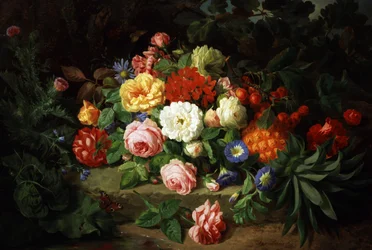 Stillleben von Sommerblumen (Rosen, Primeln) und Früchten (Ananas, Kirschen). Gemälde von Josef Lauer (1818-1881) Privatsammlung.