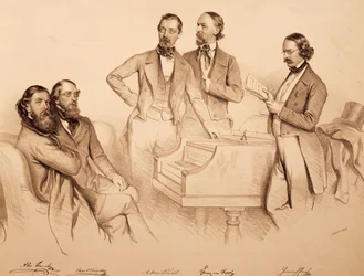 Gruppenporträt von Wiener Musikern und Komponisten: Franz von Suppé, Carl Binder, Anton Storch, Heinrich Proch und Anton Emil Titl, Lithographie von Josef Kriehuber
