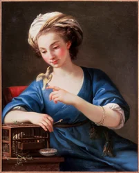 Junge Frau im türkischen Kostüm spielt mit einem Vogel, der aus ihrem Käfig entkommen ist. Sie trägt einen Turban und ein Perlenarmband, Gemälde von Joseph-Marie Vien
