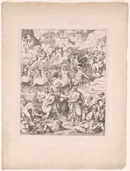 Dante überquert auf dem Rücken des Kentauren Nessus den Blutstrom der Tyrannen und Mörder