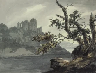 Ruine eines Schlosses an einem Fluss