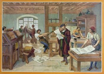 Gutenbergs Erfindung des Buchdrucks mit beweglichen Lettern, Illustration aus dem „Ersten Buch der französischen Geschichte“ von A. Aymard, veröffentlicht von Hachette