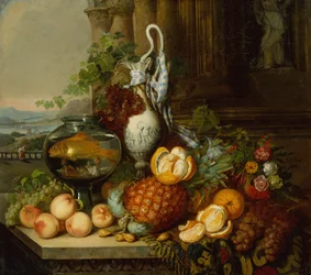 Stillleben mit Früchten, Fischglas und Landschaft