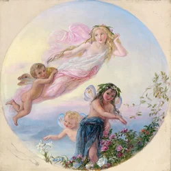 Eine Sylphide und ihre Feenbegleiter besprenkeln den Morgentau