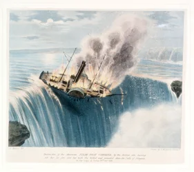 Zerstörung des amerikanischen Dampfschiffs Caroline durch die Briten, die es in Brand setzten und mit den Toten und Verwundeten die Niagarafälle hinunter schickten, in der Nacht des Freitags, 29. Dezember 1838