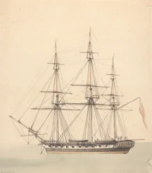 Einzelne Korvette (?) mit drei Figuren in Marineuniformen und Union Jack
