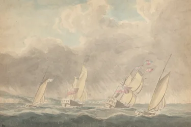 Zwei Kriegsschiffe, eine Bark und ein Schoner (?), Heck voraus, in schwerer See; mehrere Segelschiffe im Hintergrund