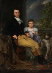 Porträt eines prominenten Gentlemans mit seiner Tochter und einem Jagdhund