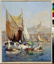 Pecheurs dans la Vieux Port de Marseille, Gemälde von Fernand Van Den Bussche (1892-1975) 20. Jahrhundert