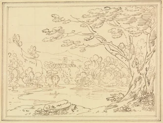 Landschaft mit Bäumen an einem See