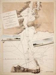Karte des New Yorker Hafens mit Tiefenmessungen, Landansichten und nautischen Anweisungen für die Navigation