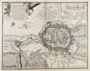Grundriss der Stadt Douay mit dem ungefähr 800 Ruthen davon entfernten Fort an der Escarpe, liegt in der Grafschaft Flandern, 7 Meilen von Rissel, 6 von Dornik und 6 von Camerich, hat eine mittelmäßige Landvogtei und ist mit vielen schönen Kirchen