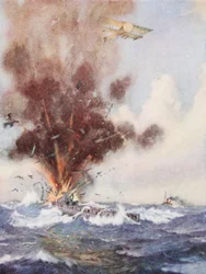 Staffelkommandant A.W. Bigsworth greift mit Bomben ein deutsches U-Boot an, das sich mit Wasser füllt und vor Ostende sinkt