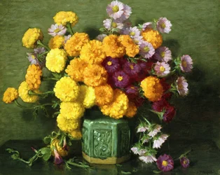 Ringelblumen und Astern in einer chinesischen Vase