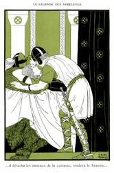Die Nibelungensage: Siegfried umarmt die Walküre Brunhilde