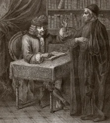Voltaire und ein Priester - Gravur von Joseph Lante - 1764