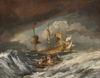 Boote, die Anker zu den niederländischen Kriegsschiffen bringen