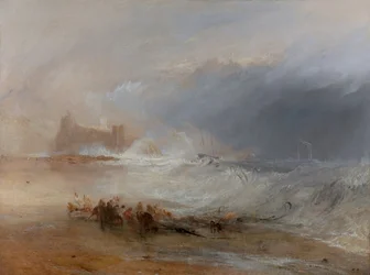 Schiffsbrüchige – Küste von Northumberland, mit einem Dampfschiff, das einem Schiff vor der Küste hilft