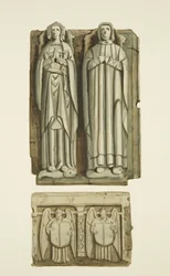 Figuren auf dem Grab von Thomas Rowley und seiner Frau in der Krypta der St. John