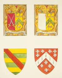 Vier Wappen - zwei in einem Fenster in der Nähe des Glockenturms, Kathedrale von Bristol