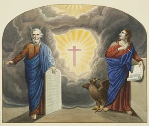 Bemaltes Fenster über dem Altar der Christ Church, zeigt Moses und St. Johannes den Evangelisten