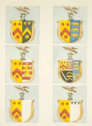 Sechs Wappen in Buntglasfenstern in den nördlichen und südlichen Seitenschiffen (östliches Ende) der Kathedrale von Bristol