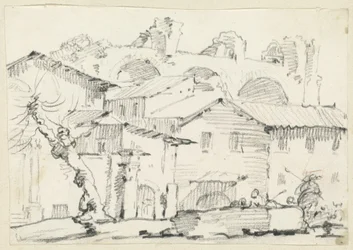 Häuser auf der Nordseite des Forums mit der Basilika von Maxentius im Hintergrund