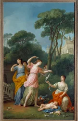 Junge griechische Frauen pflücken Blumen, schlafende Liebe