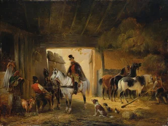 Ein Reiter, der sein Pferd in einem Stall tränkt, 1840