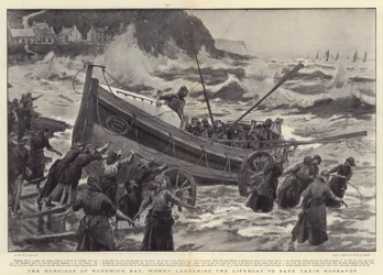 Die Heldinnen von Runswick Bay, Frauen starten das Rettungsboot, um ihre Ehemänner zu retten